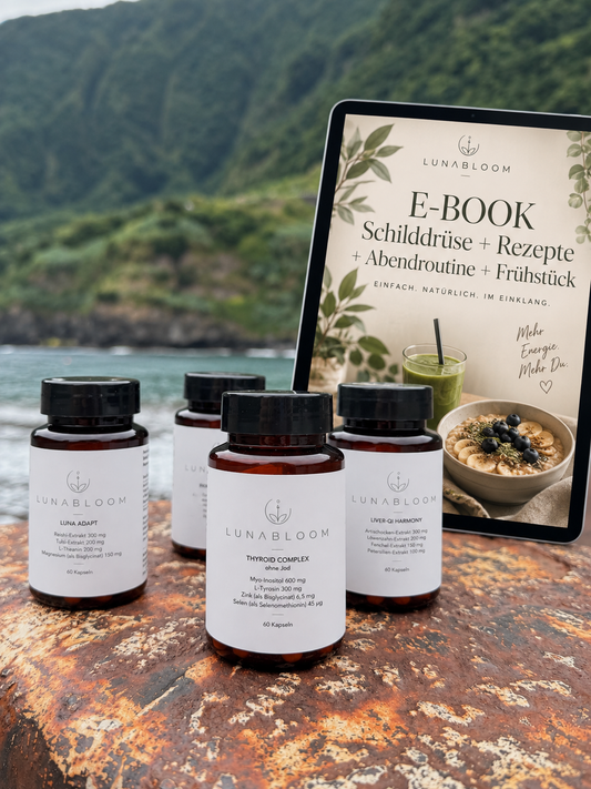 LunaBloom Thyroid Balance Bundle ohne Jod – vier Nahrungsergänzungsmittel mit E-Book Schilddrüse & Rezepte