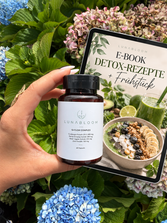 LunaBloom Qi Flow Nahrungsergänzung in der Hand, mit E-Book Detox-Rezepte