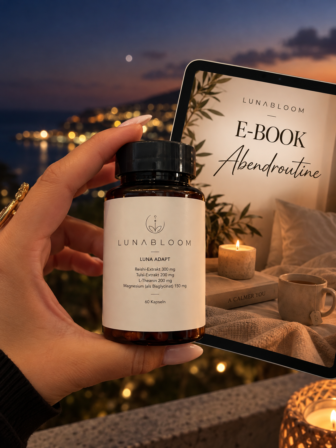 LunaBloom Luna Adapt Nahrungsergänzung in der Hand, mit E-Book Abendroutine