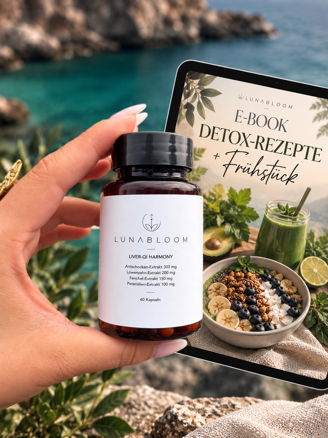 LunaBloom Liver Qi Nahrungsergänzung in der Hand, mit E-Book Detox-Rezepte