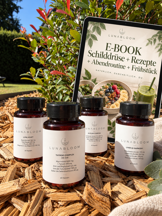 LunaBloom Thyroid Balance Bundle mit Jod – vier Nahrungsergänzungsmittel mit E-Book Schilddrüse & Rezepte