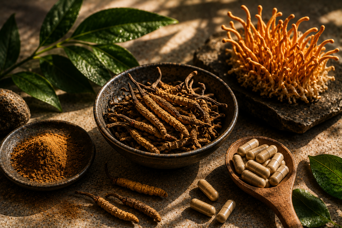 Cordyceps Pulver in Holzschale – Zutat von LunaBloom Qi Flow